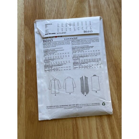 See & Sew  Jacket Sewing Pattern # B6443 Sizes OS New - Picture 4 of 4